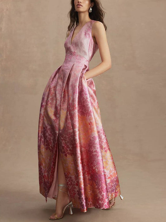 V-neck Sleeveless Printed Maxi Dress