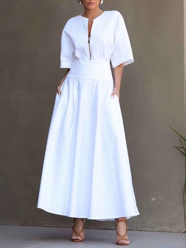 Cotton Urban Plain Raglan Sleeve V Neck Maxi Dress