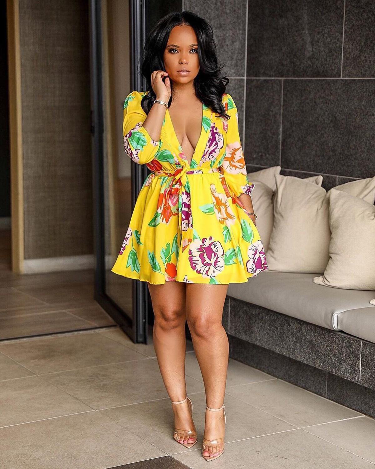 loveedsTM-Women Long Sleeve Floral Flower Print Mini Dress Elegant Vintage V-neck Autumn Fall Dresses Party Club Vestidos