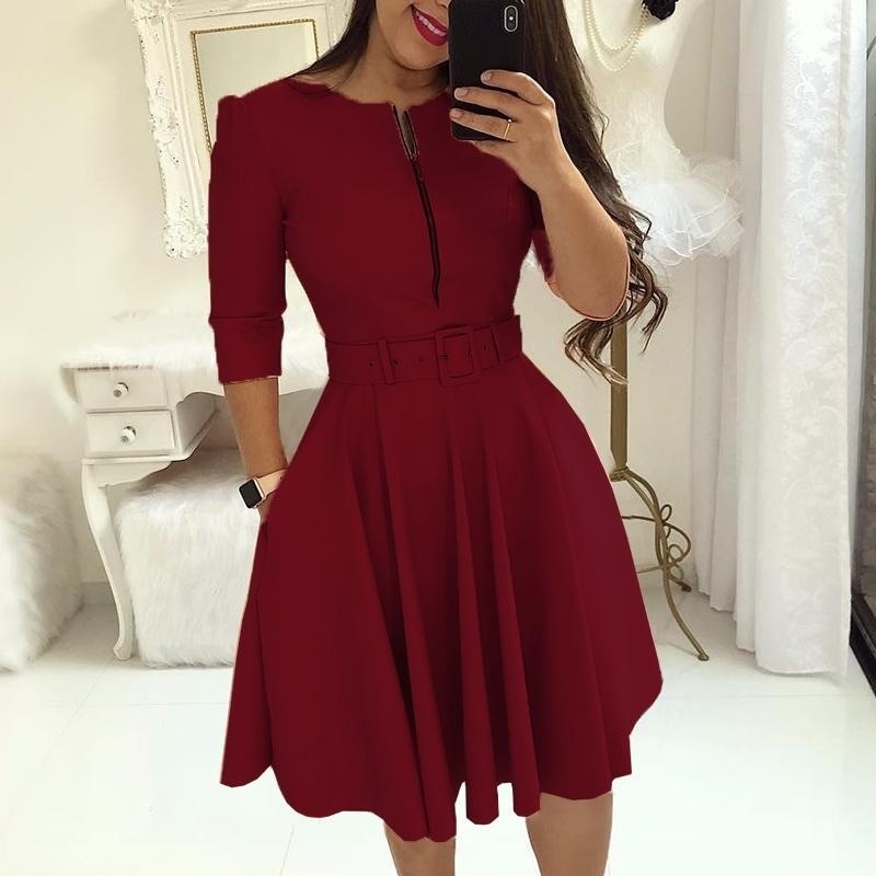 loveedsTM- Elegant Women Solid Half Sleeve Party Dress Autumn Casual Zipper Knee-length Midi Dresses Ladies Big Swing Club Dress Vestidos
