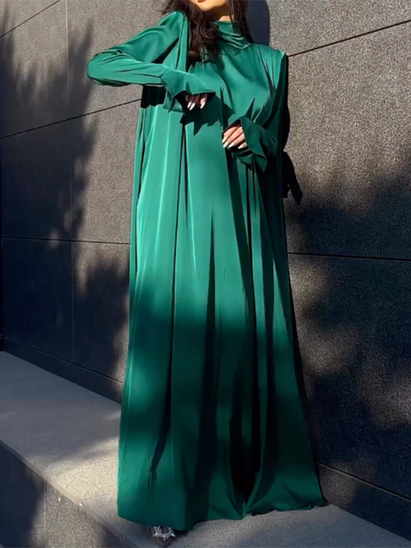 loveedsTM- Flared Sleeves Long Sleeves Solid Color High-Neck Maxi Dresses