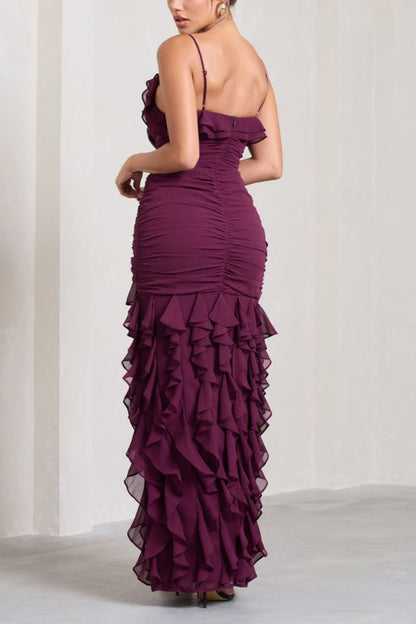 Purple Elegant Sexy Spaghetti Strap Ankle Length Chiffon Ruffle prom Evening Dress Party Dress gh3320