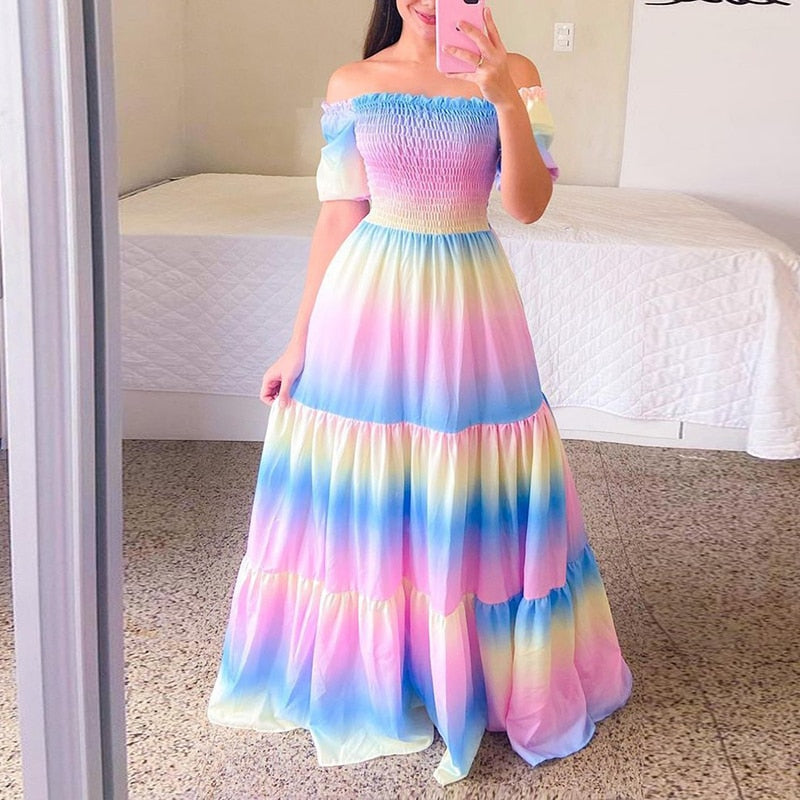 loveedsTM-Sexy Off The Shoulder Tube Top Dress Butterfly Rainbow Floral Print Dress Ladies Elegant Slim Summer Bohemian Party Maxi Dresses