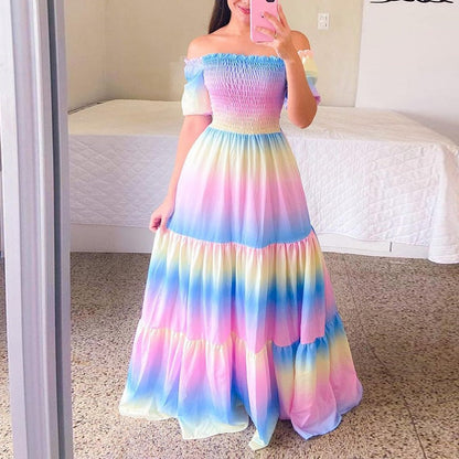 loveedsTM-Sexy Off The Shoulder Tube Top Dress Butterfly Rainbow Floral Print Dress Ladies Elegant Slim Summer Bohemian Party Maxi Dresses