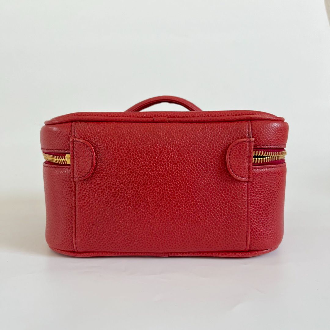 Chanel Red Caviar Leather Vanity Vintage Top Handle Bag