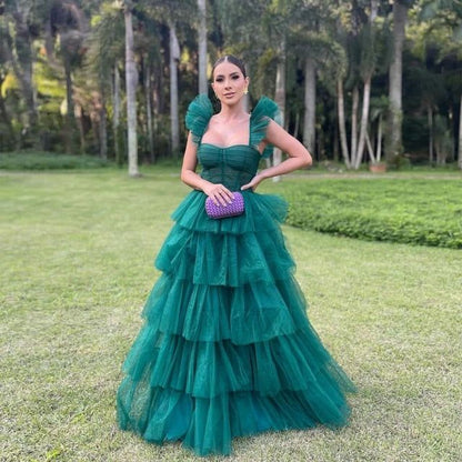 Hunter Green/Emerald Green A-Line Strap Tulle Tiered Long Prom Dress Party Dress gh2771