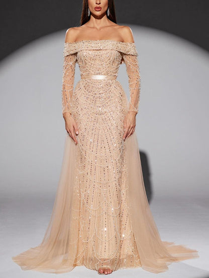 Off-the-shoulder Sequined Mesh Maxi Dress