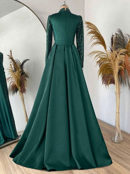 Long Sleeve V Neck Satin Gown with Glitter Slits