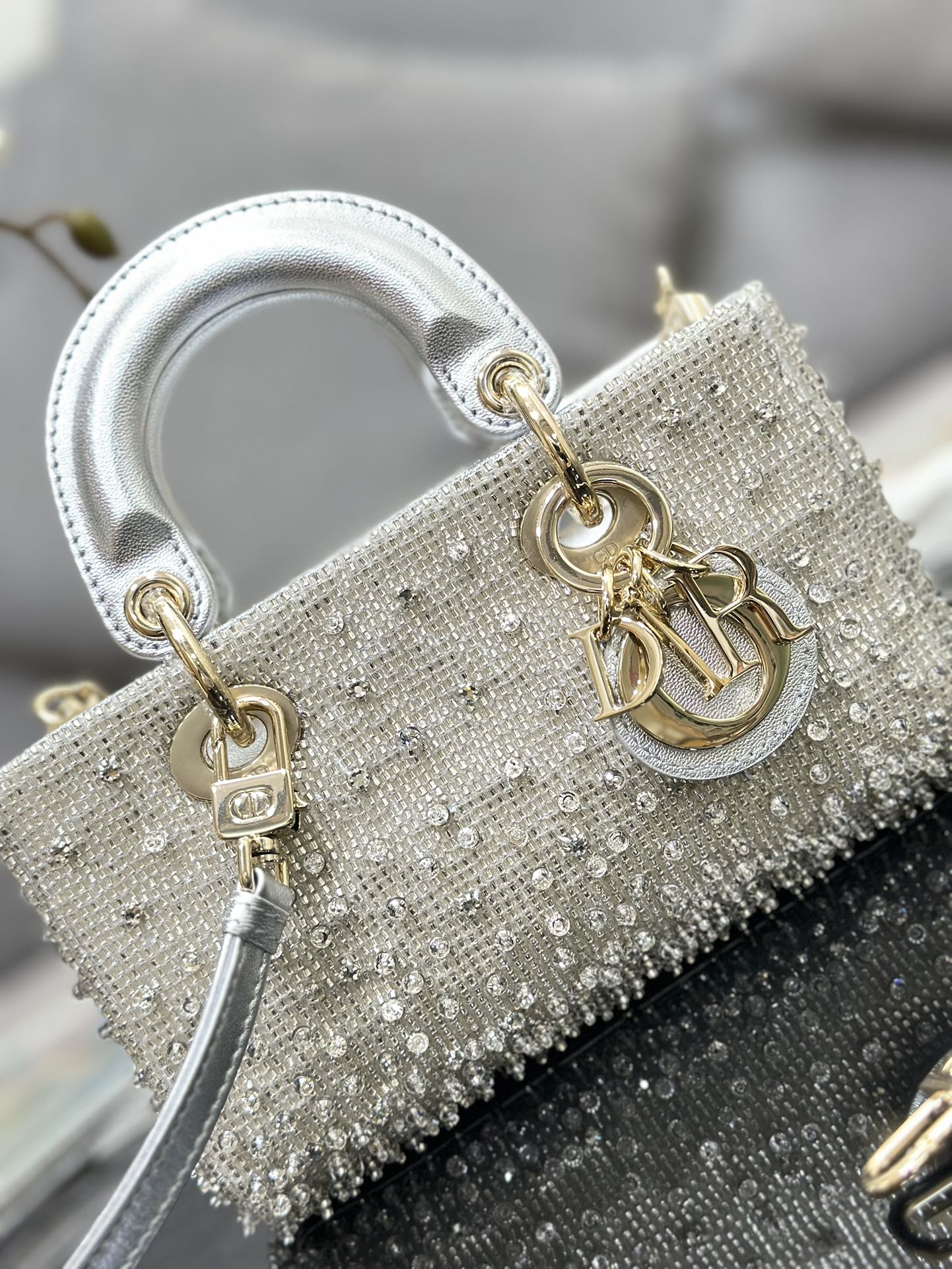 Dior LAdy D-Joy Silver-Tone Satin with Gradient Bead Embroidery - 16 x 9 x 5 cm