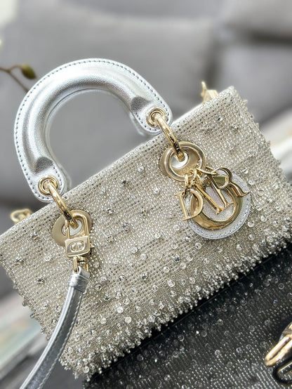 Dior LAdy D-Joy Silver-Tone Satin with Gradient Bead Embroidery - 16 x 9 x 5 cm