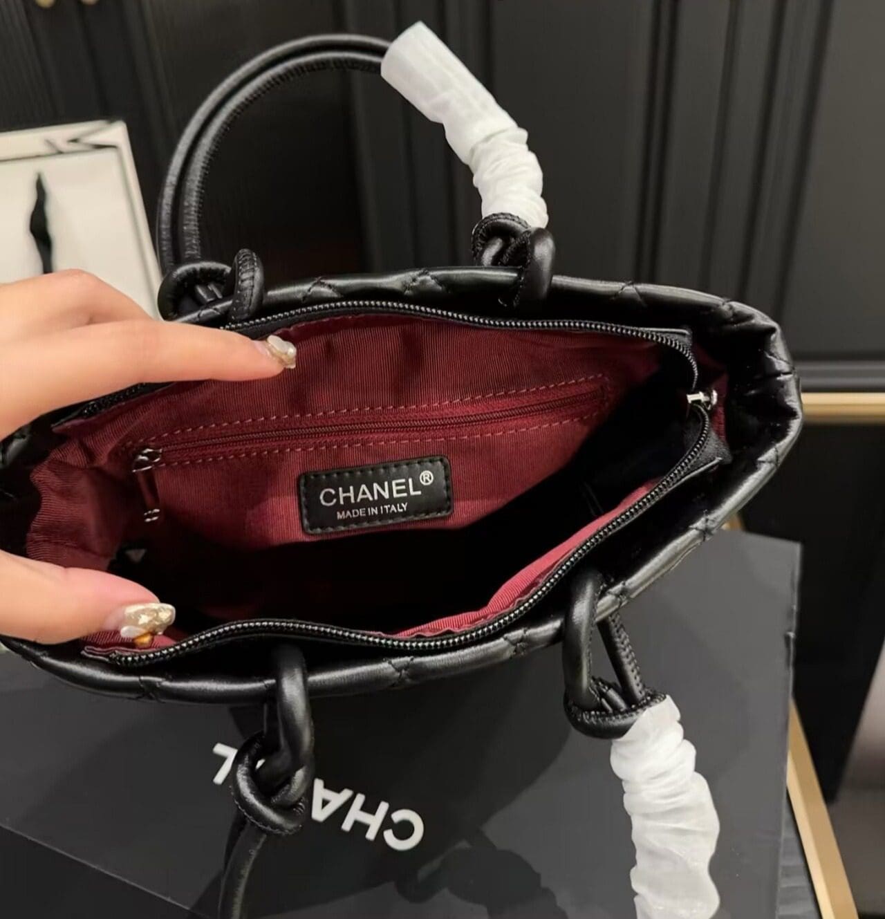 Chanel Black Quilted Lambskin Leather Medium Cambon Tote