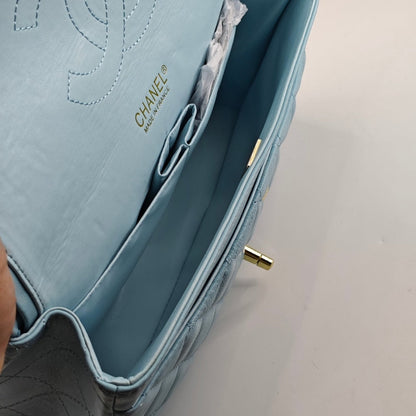 CHANEL CLASSIC 11.12 HANDBAG GOLD TONE METAL LIGHT BLUE 30CM