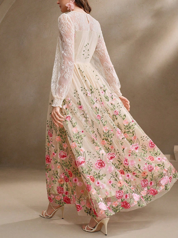 Women's Lace Embroidered Floral Transparent Lantern Sleeve Dress