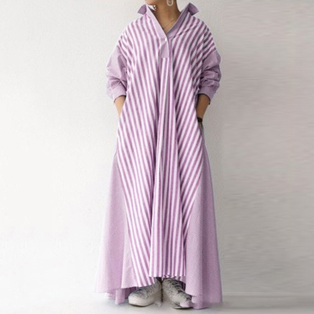loveedsTM - Autumn Casual Loose Maxi Dress Women Vintage Turn-down Collar Striped Shirt Boho Beach Wedding Long Office Vestidos