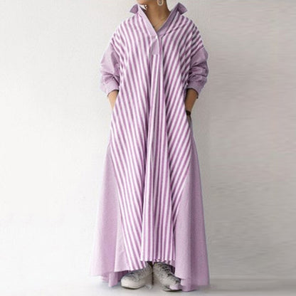 loveedsTM - Autumn Casual Loose Maxi Dress Women Vintage Turn-down Collar Striped Shirt Boho Beach Wedding Long Office Vestidos