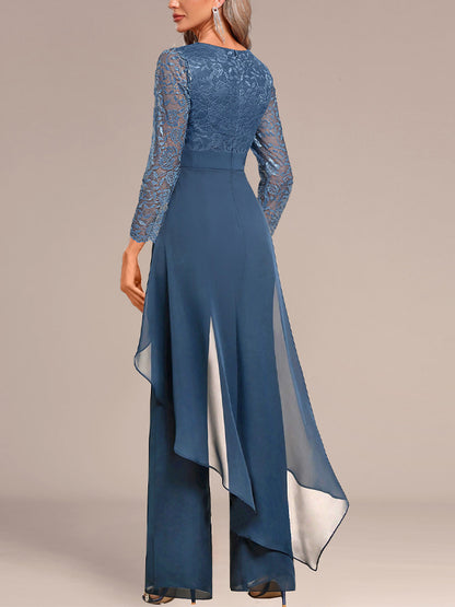 V-Neck Long-Sleeved Lace Solid Color Jumpsuit