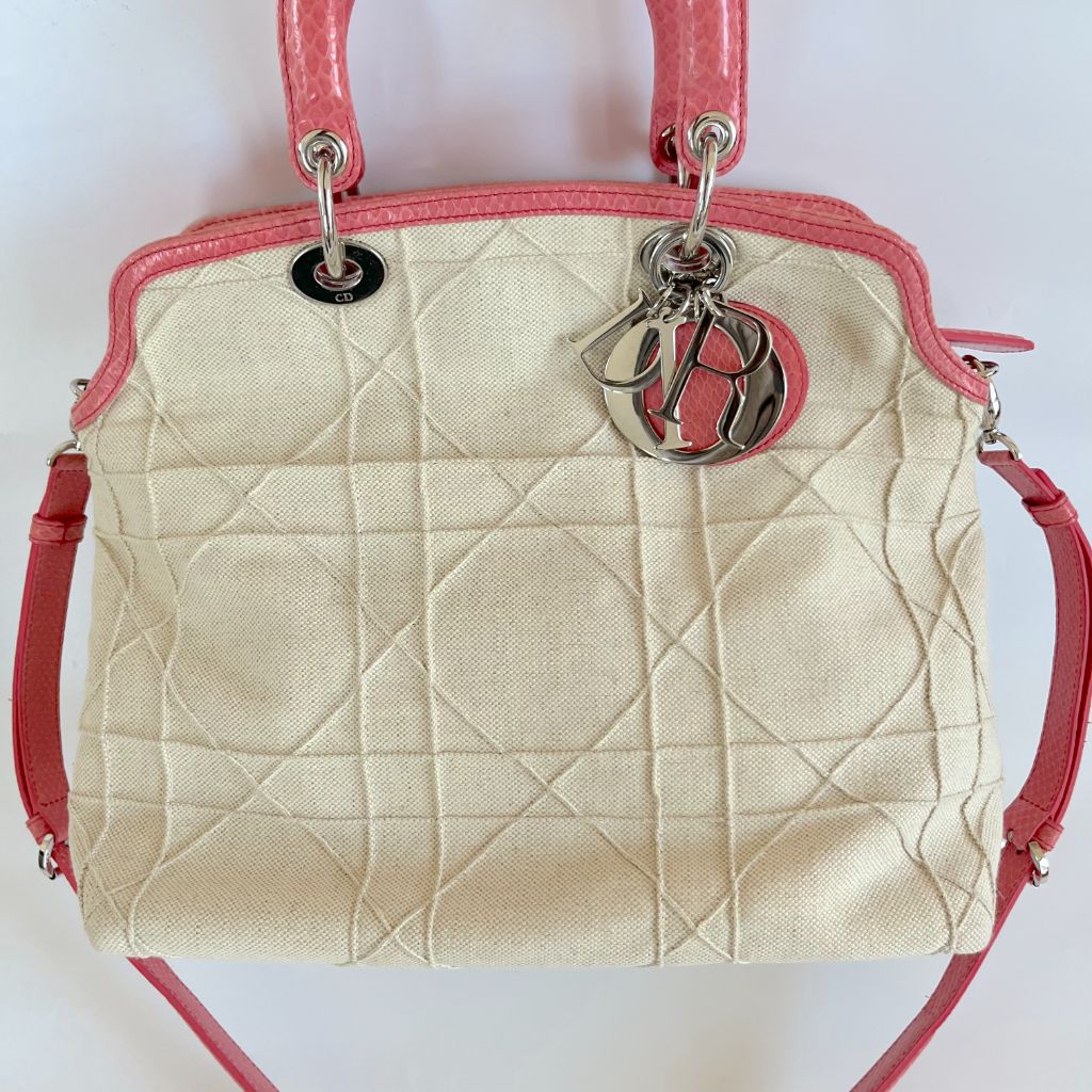Christian Dior beige canvas with pink python leather trim,