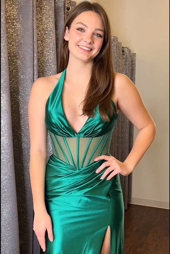 Fashion Halter Neck Satin Long Prom Dresses