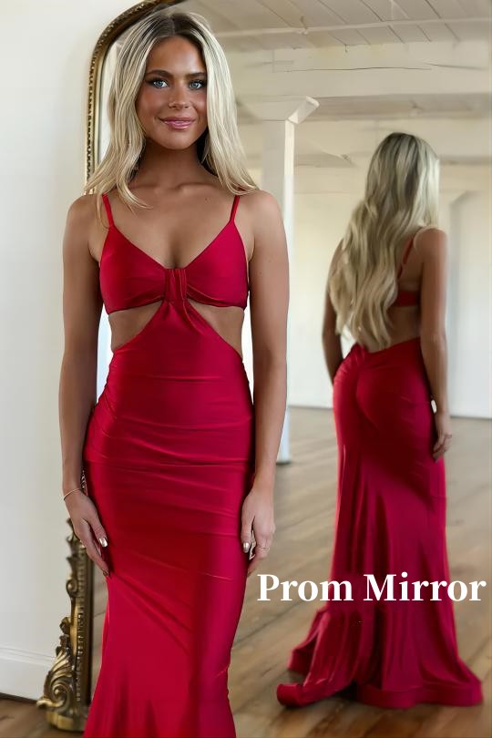 PM475,Spaghetti Straps V Neck Burgundy Mermaid Prom Dress