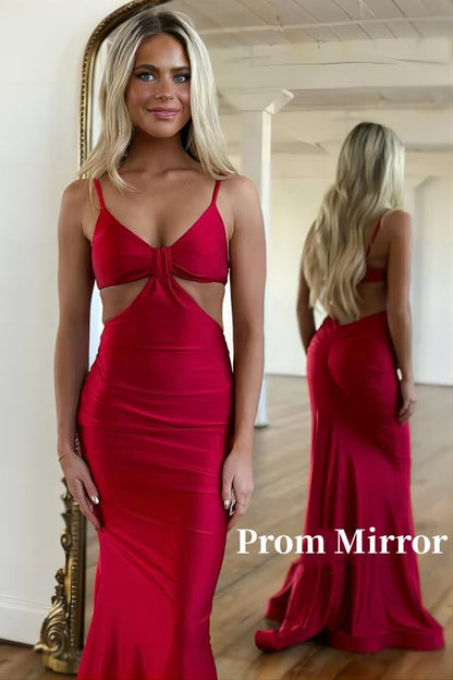 PM475,Spaghetti Straps V Neck Burgundy Mermaid Prom Dress