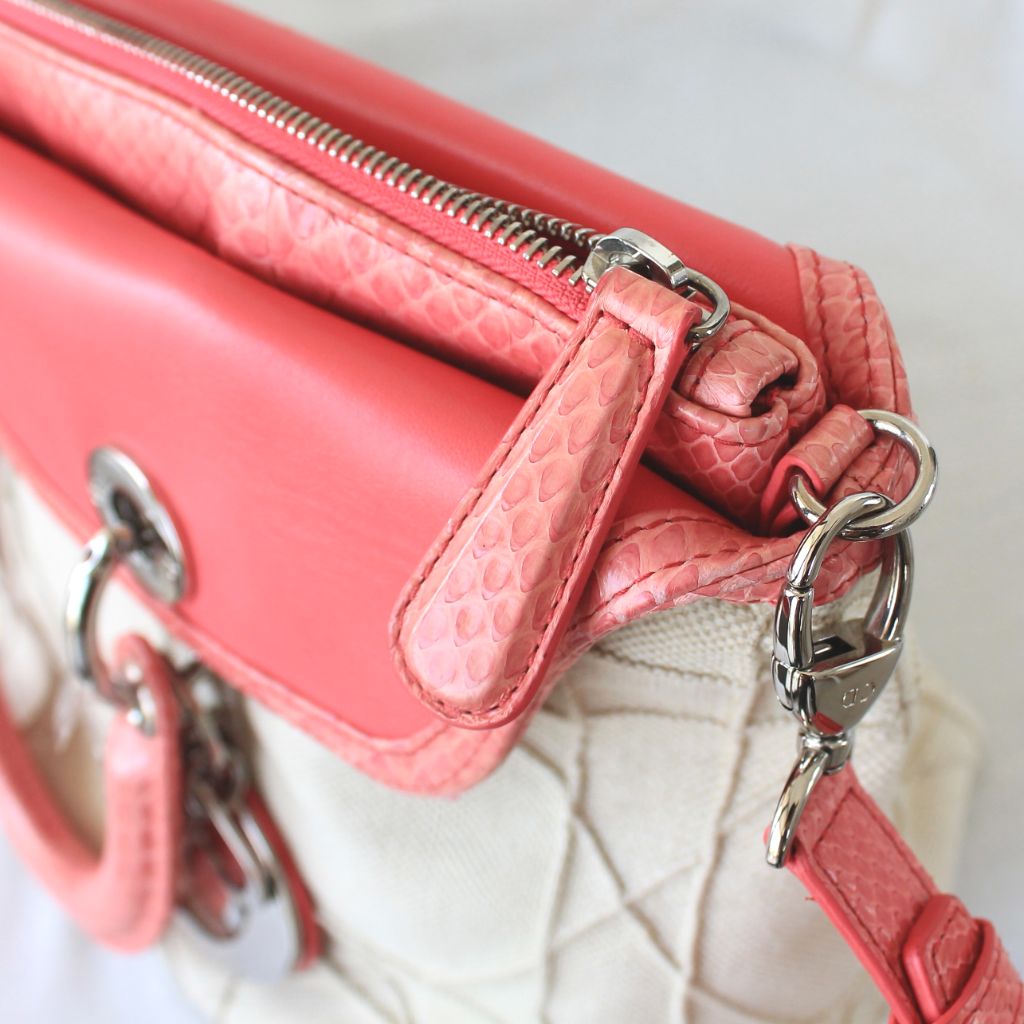 Christian Dior beige canvas with pink python leather trim,