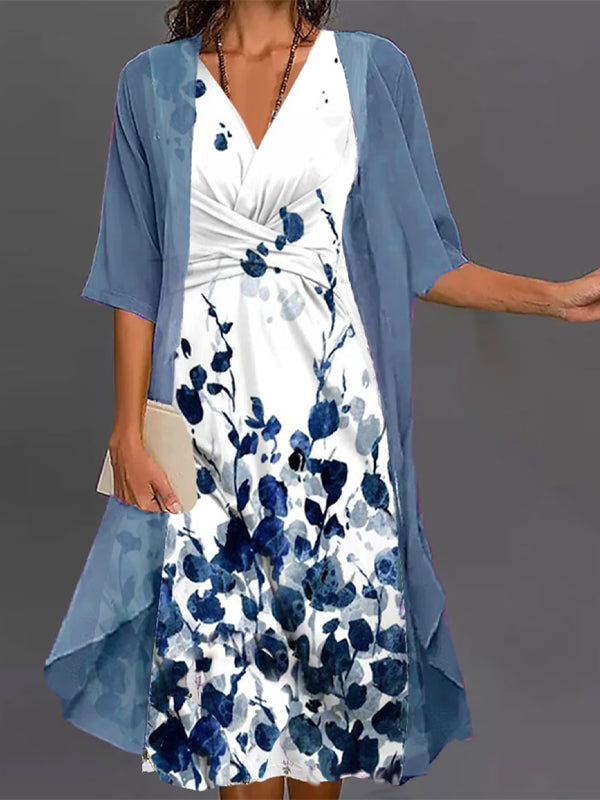 V-Neck Printed Dress Top Suit