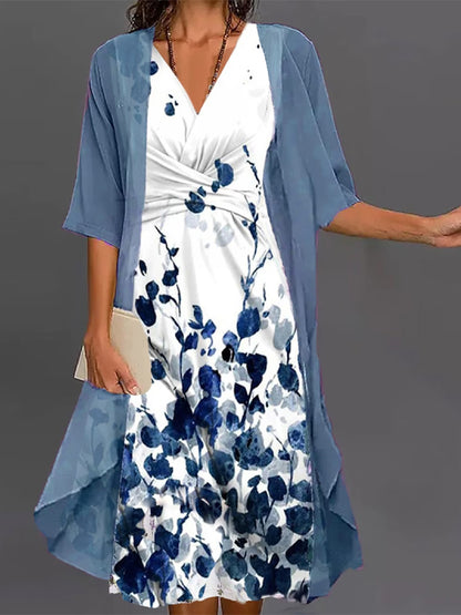 V-Neck Printed Dress Top Suit