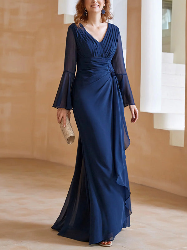 V Neck Pleated Floor-Length Dress