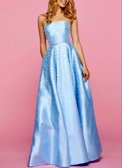 Blue fashion elegant exquisite pearl beading long satin ball gown evening dress gh3308