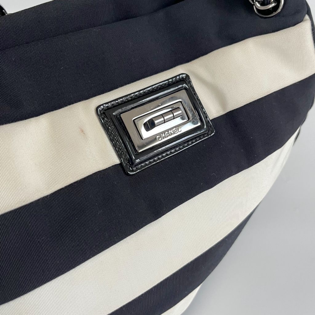 Chanel black and white ridged satin shoulder bag