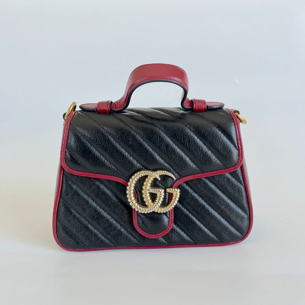 Gucci Black/Red Diagonal Quilt Leather Mini GG Marmont Bag