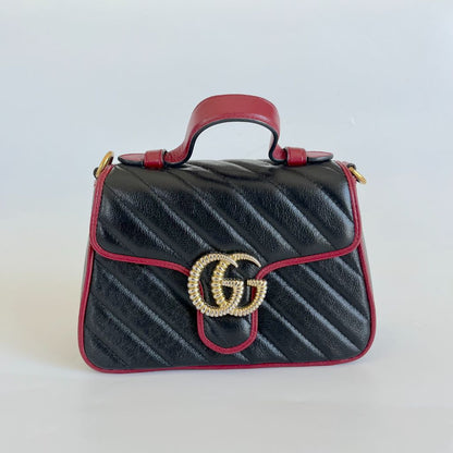 Gucci Black/Red Diagonal Quilt Leather Mini GG Marmont Bag
