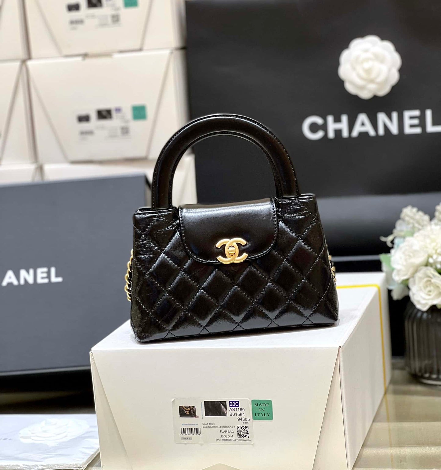 Chanel Kelly Mini Shopping Bag Mini 23K Shiny Aged Calfskin Black 13x19x7cm
