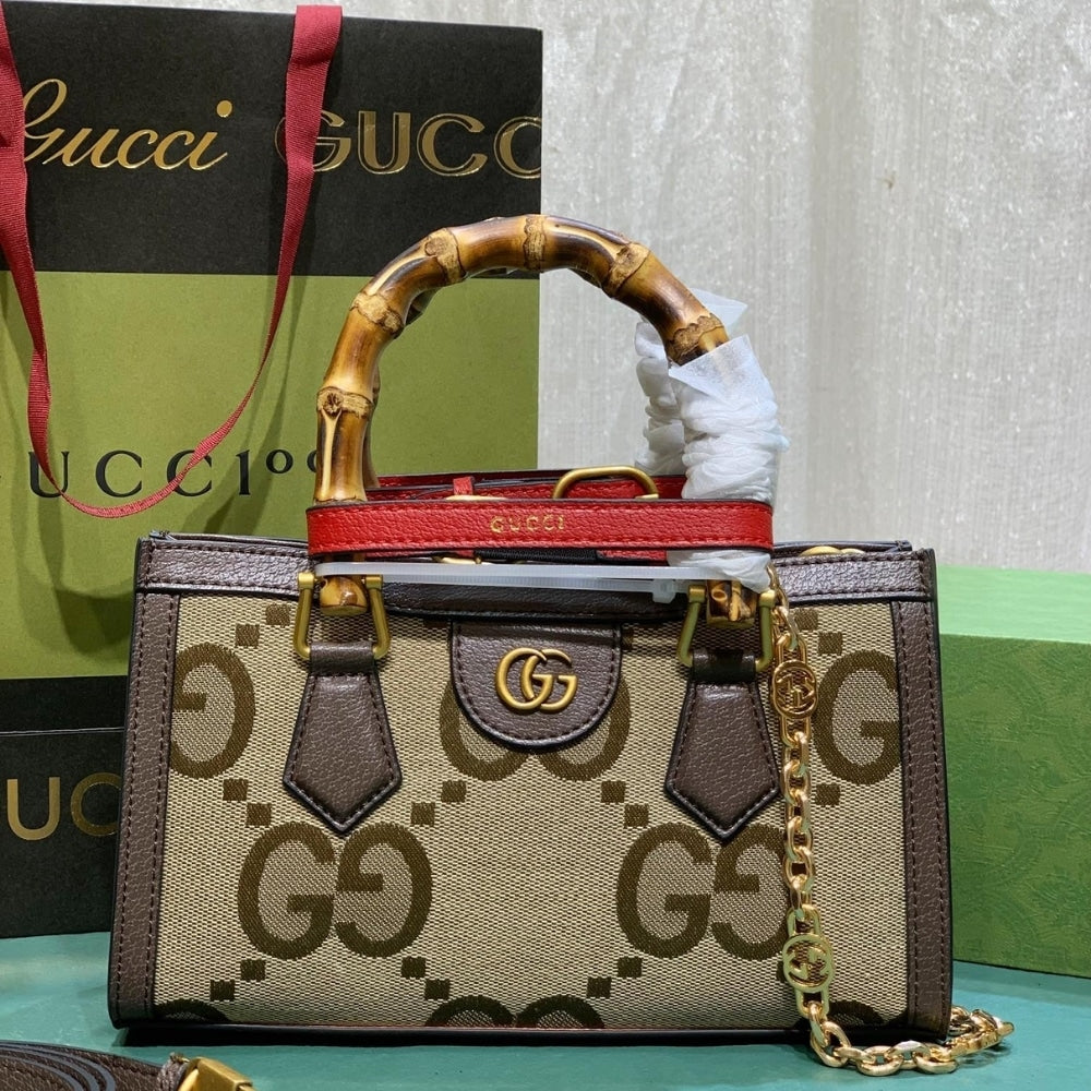 GUCCI DIANA JUMBO GG MINI TOTE BAG CAMEL EBONY 27CM