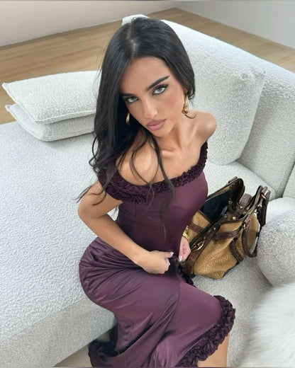 Unique Sheath Off the Shoulder Satin Long Prom Dress Evening Dress with Slit SH2625