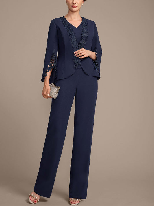 V-Neck Solid Color Short-Sleeved Top And Trousers Three-Piece Suit