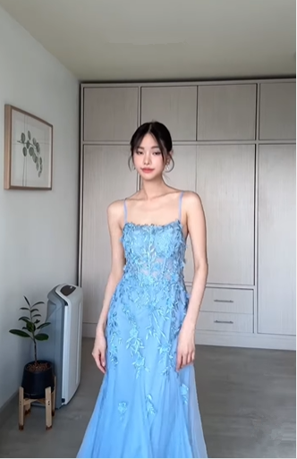 Classy Blue Tulle Appliques Mermaid Evening Dress Long Open Back