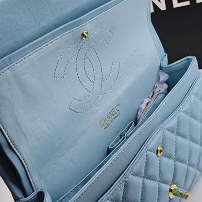 CHANEL CLASSIC 11.12 HANDBAG GOLD TONE METAL LIGHT BLUE 30CM
