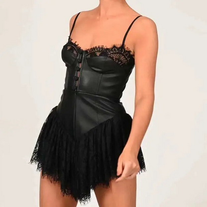 loveedsTM - Sexy Solid White Stitching Lace Bra Corset style Spaghetti Strap Mini Dress Women Backless Party Skater Short Sling Robe