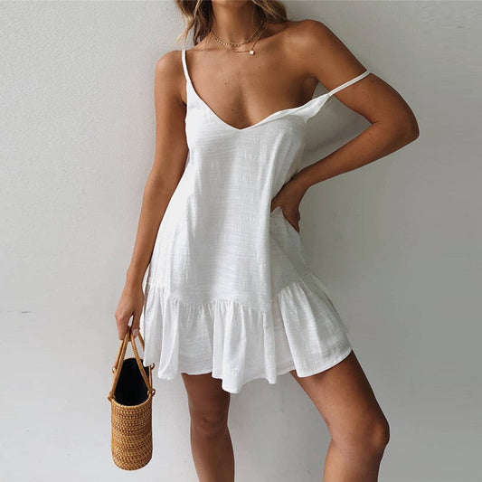 loveedsTM-Summer Sexy Spaghetti Strap Backless Short Dress Women New V-neck Solid Casual Loose Ruffles Beach Holiday Cotton Mini Vestidos