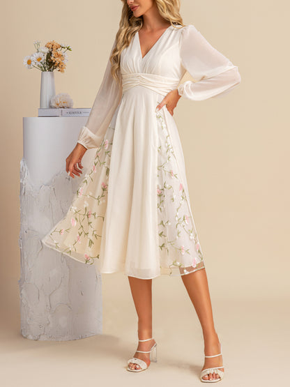 Pleated V-Neck A-line Chiffon Lace Midi Dress