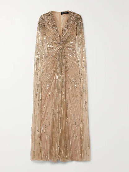 V-Neck Sequin Solid Color Maxi Dress