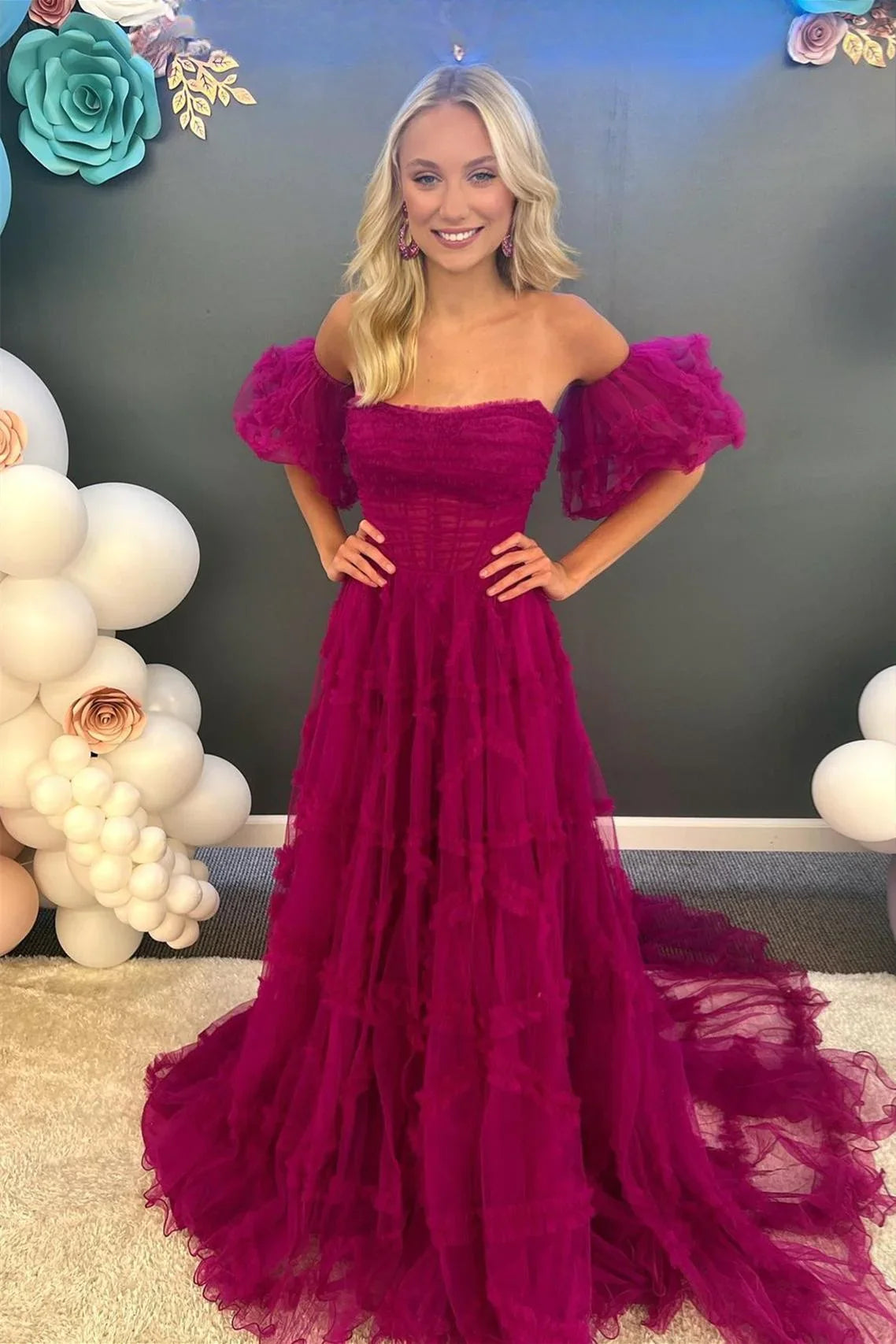 Princess Fuchsia A-Line Tulle Evening Prom Dress