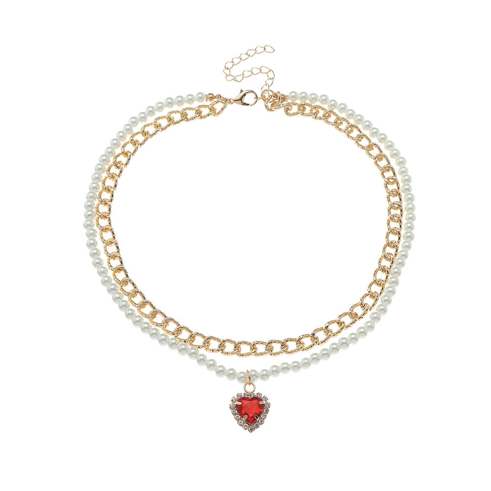 All-match love metal pearl love stacking necklace