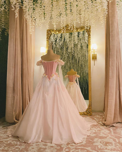 Pink Gorgeous Exquisite Floral Long Elegant Fairy Off-shoulder Tulle Ball Gown Evening Dress gh3243