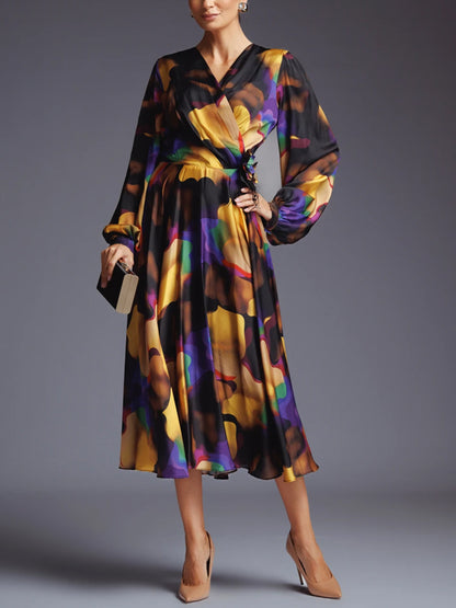 V-neck Colorful Print Midi Dress