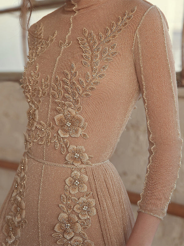 Solid Color Lace Long Sleeves Maxi Dress