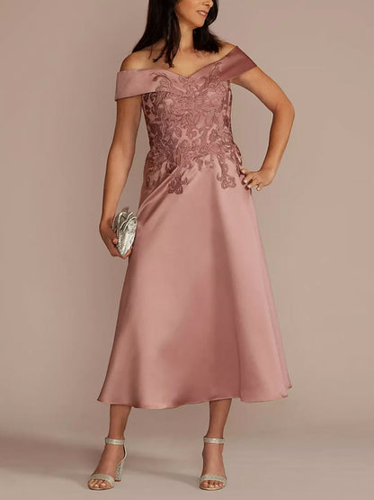 Off-the-shoulder Embroidered Satin A-line Dress