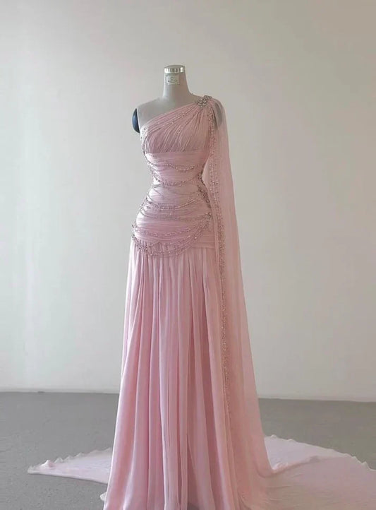 Elegant A Line One Shoulder Beaded Pink Chiffon Long Sweep Prom Dress Evening Dress SH2622