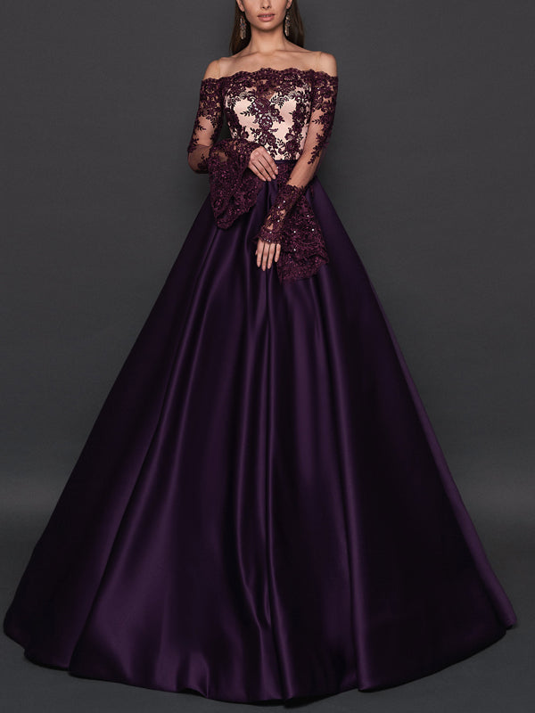 Off-the-shoulder Lace Solid Color Maxi Dress